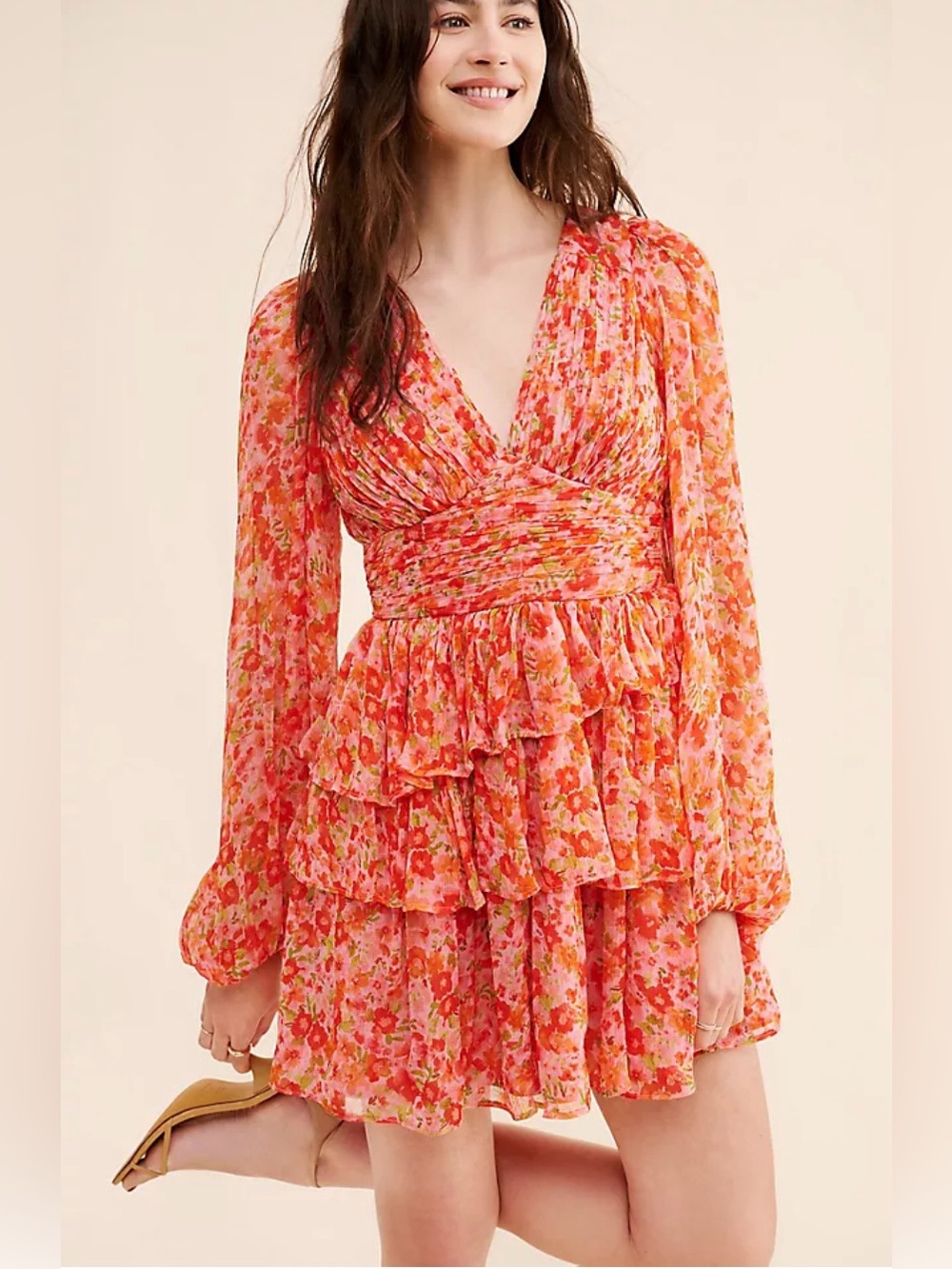 Anthropologie BHLDN Emmy Long Sleeve V Neck Tiered Floral Pink Red Dress Women S